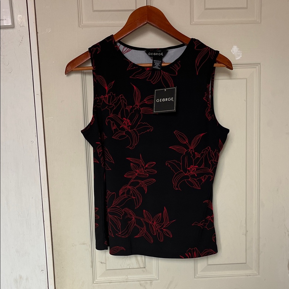 George Black Tank Top with Red Floral Outline